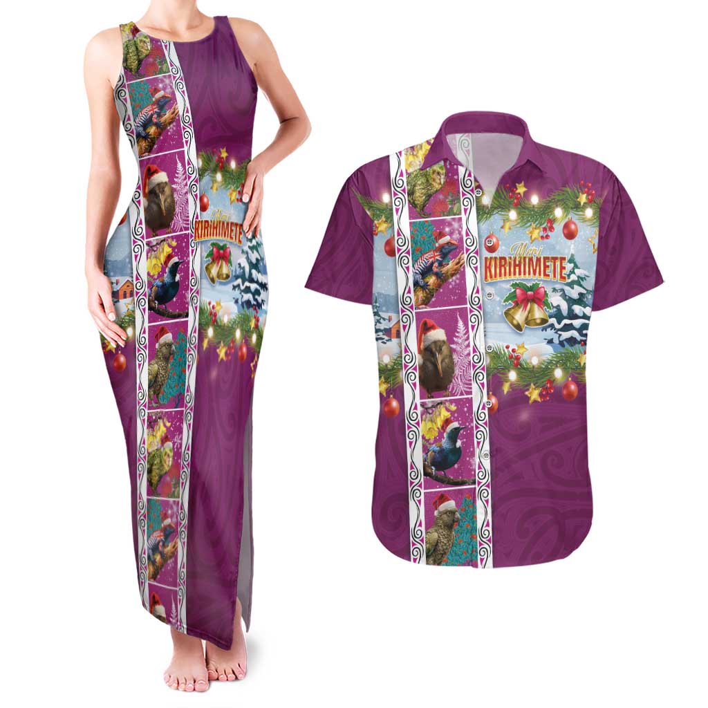 New Zealand Merry Christmas Couples Matching Tank Maxi Dress and Hawaiian Shirt Maori Animals, Koru Tattoo - Pink Xmas Style LT03 Pink - Polynesian Pride