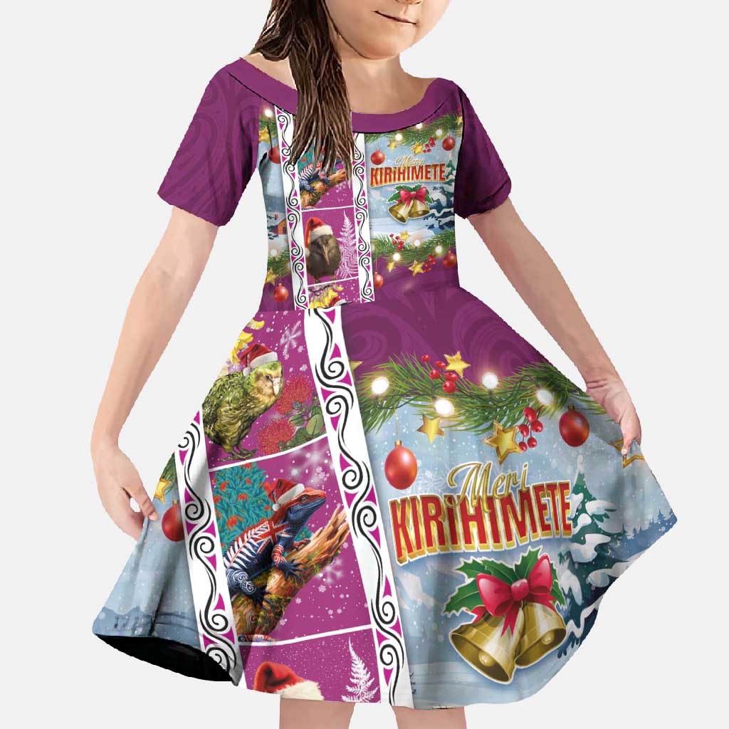 New Zealand Merry Christmas Family Matching Long Sleeve Bodycon Dress and Hawaiian Shirt Maori Animals, Koru Tattoo - Pink Xmas Style LT03 Daughter's Dress Pink - Polynesian Pride