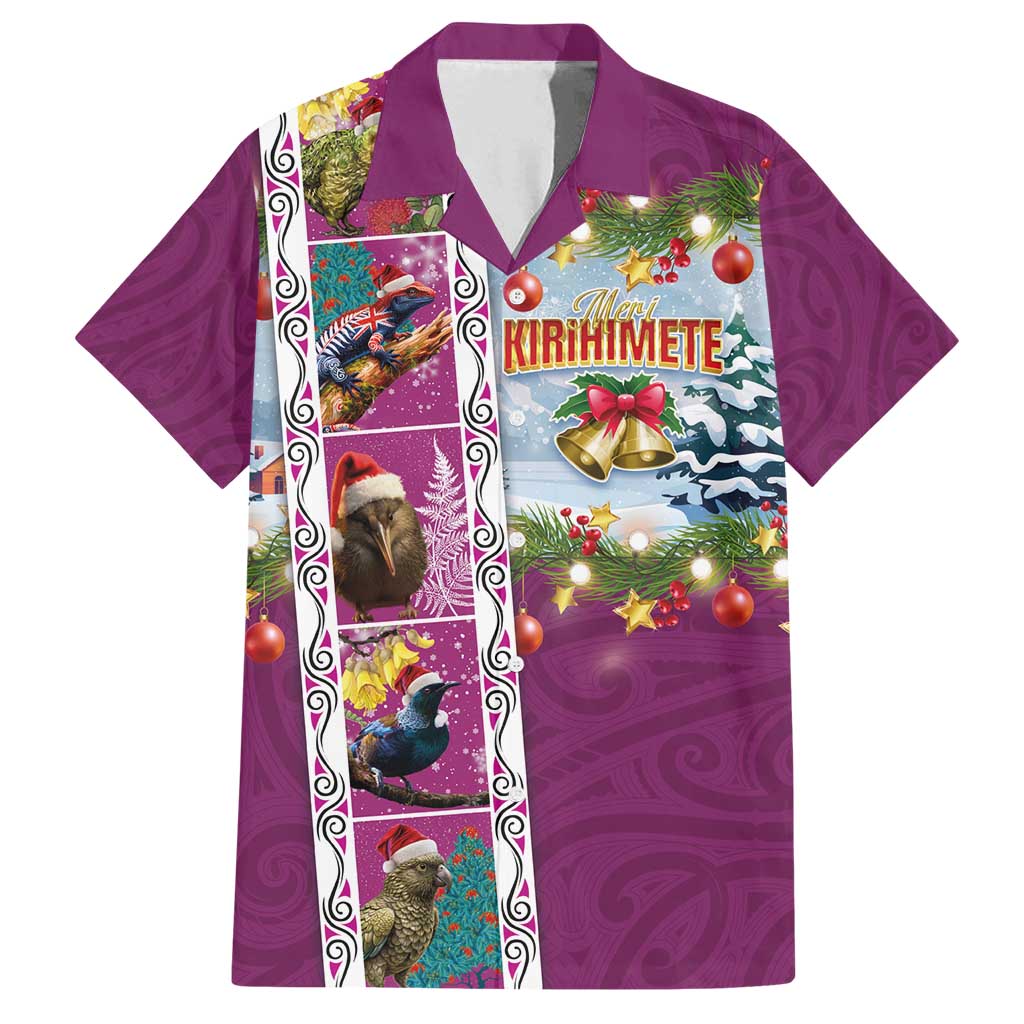 New Zealand Merry Christmas Family Matching Long Sleeve Bodycon Dress and Hawaiian Shirt Maori Animals, Koru Tattoo - Pink Xmas Style LT03 Dad's Shirt - Short Sleeve Pink - Polynesian Pride