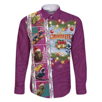 New Zealand Merry Christmas Family Matching Long Sleeve Bodycon Dress and Hawaiian Shirt Maori Animals, Koru Tattoo - Pink Xmas Style LT03 Dad's Shirt - Long Sleeve Pink - Polynesian Pride