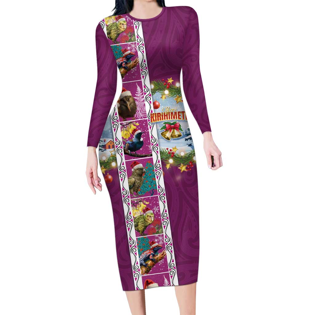 New Zealand Merry Christmas Family Matching Long Sleeve Bodycon Dress and Hawaiian Shirt Maori Animals, Koru Tattoo - Pink Xmas Style LT03 Mom's Dress Pink - Polynesian Pride