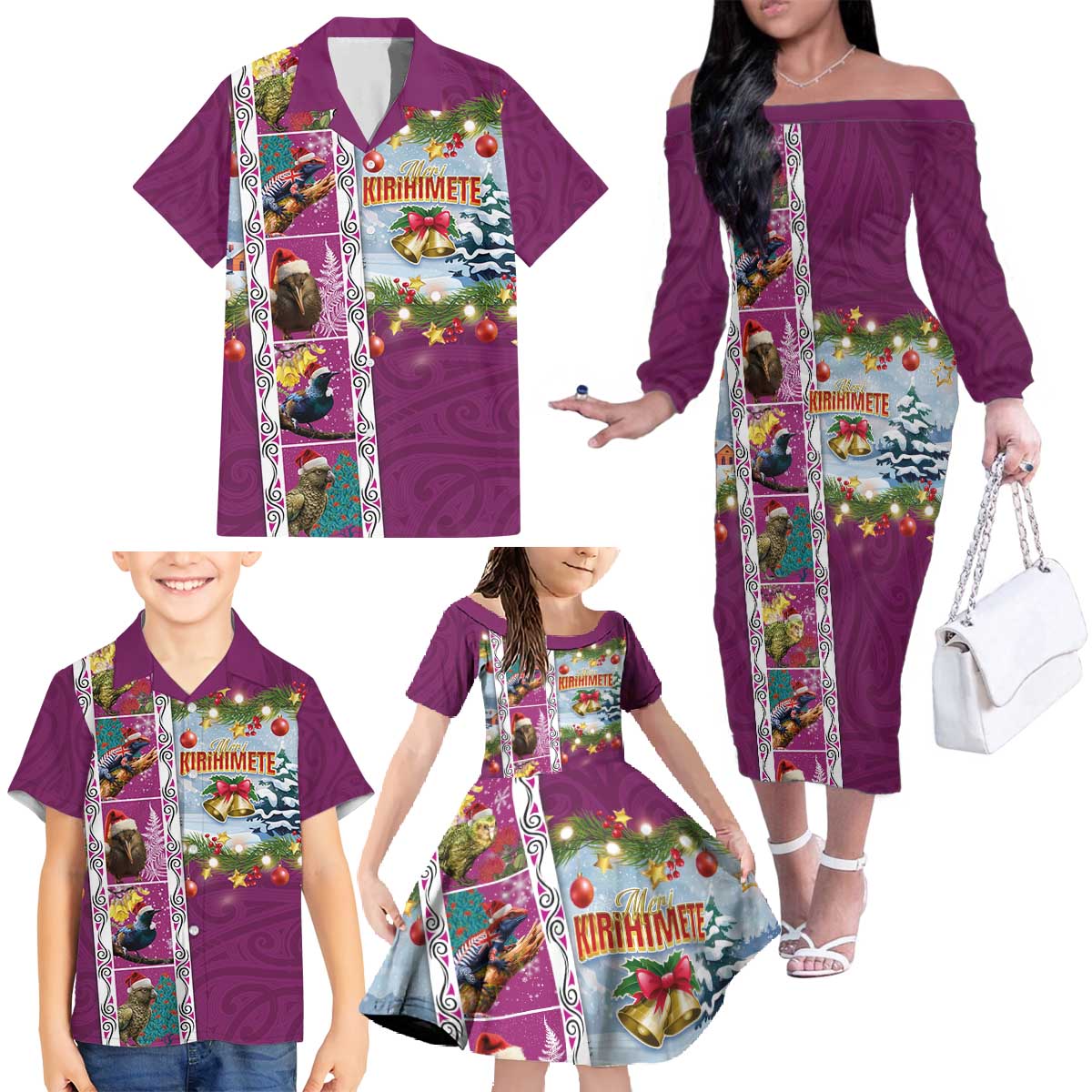 New Zealand Merry Christmas Family Matching Off The Shoulder Long Sleeve Dress and Hawaiian Shirt Maori Animals, Koru Tattoo - Pink Xmas Style LT03 - Polynesian Pride
