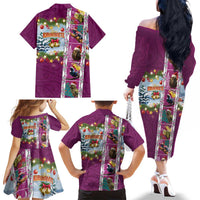 New Zealand Merry Christmas Family Matching Off The Shoulder Long Sleeve Dress and Hawaiian Shirt Maori Animals, Koru Tattoo - Pink Xmas Style LT03 - Polynesian Pride