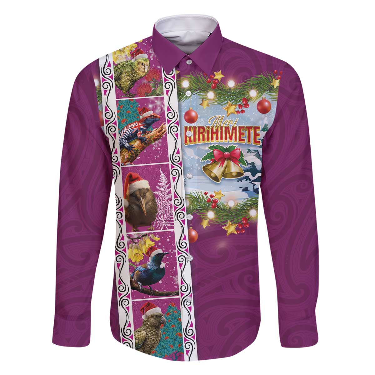 New Zealand Merry Christmas Family Matching Off The Shoulder Long Sleeve Dress and Hawaiian Shirt Maori Animals, Koru Tattoo - Pink Xmas Style LT03 Dad's Shirt - Long Sleeve Pink - Polynesian Pride