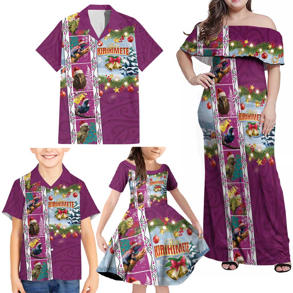 New Zealand Merry Christmas Family Matching Off Shoulder Maxi Dress and Hawaiian Shirt Maori Animals, Koru Tattoo - Pink Xmas Style LT03 - Polynesian Pride