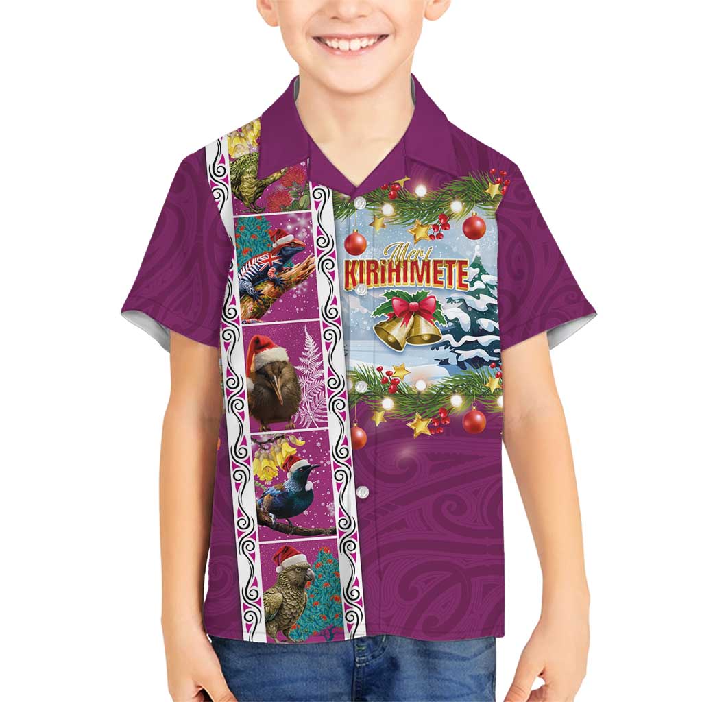 New Zealand Merry Christmas Family Matching Off Shoulder Short Dress and Hawaiian Shirt Maori Animals, Koru Tattoo - Pink Xmas Style LT03 Son's Shirt Pink - Polynesian Pride