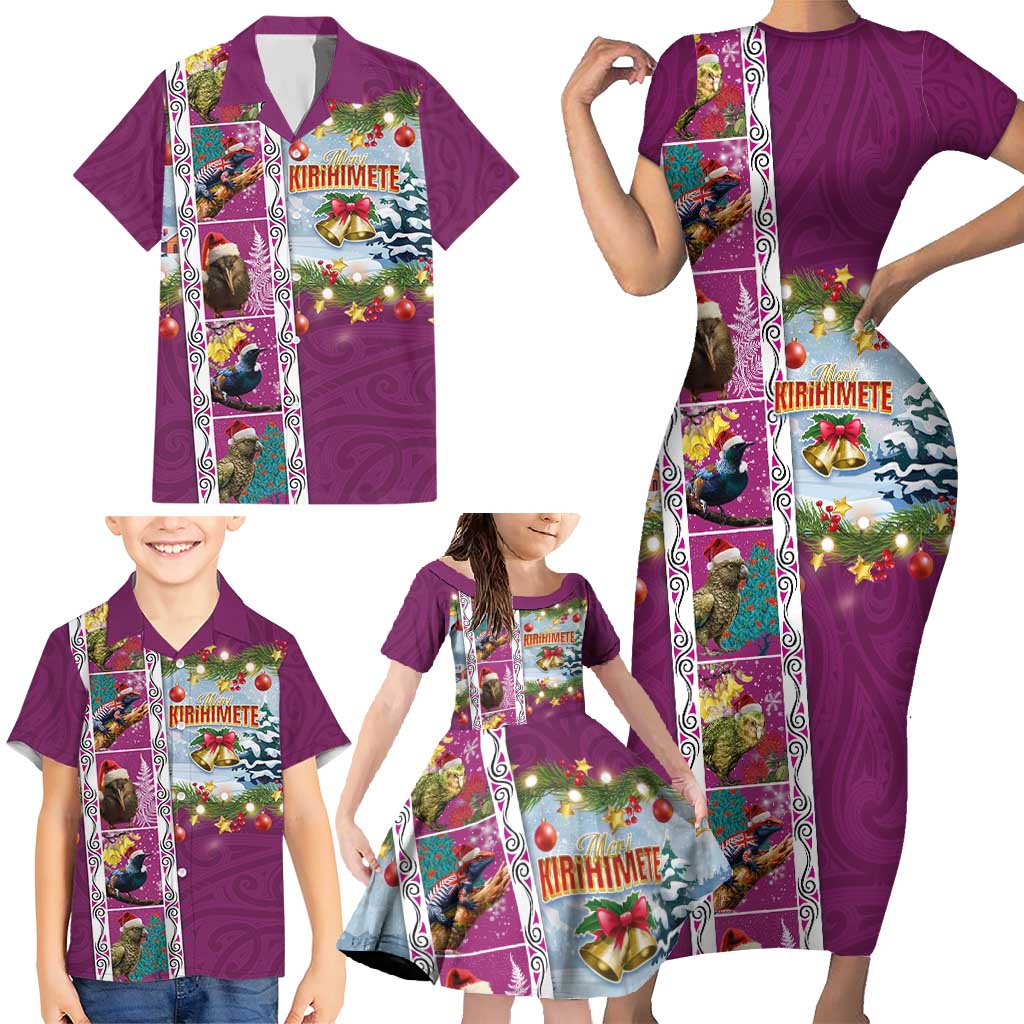 New Zealand Merry Christmas Family Matching Short Sleeve Bodycon Dress and Hawaiian Shirt Maori Animals, Koru Tattoo - Pink Xmas Style LT03 - Polynesian Pride
