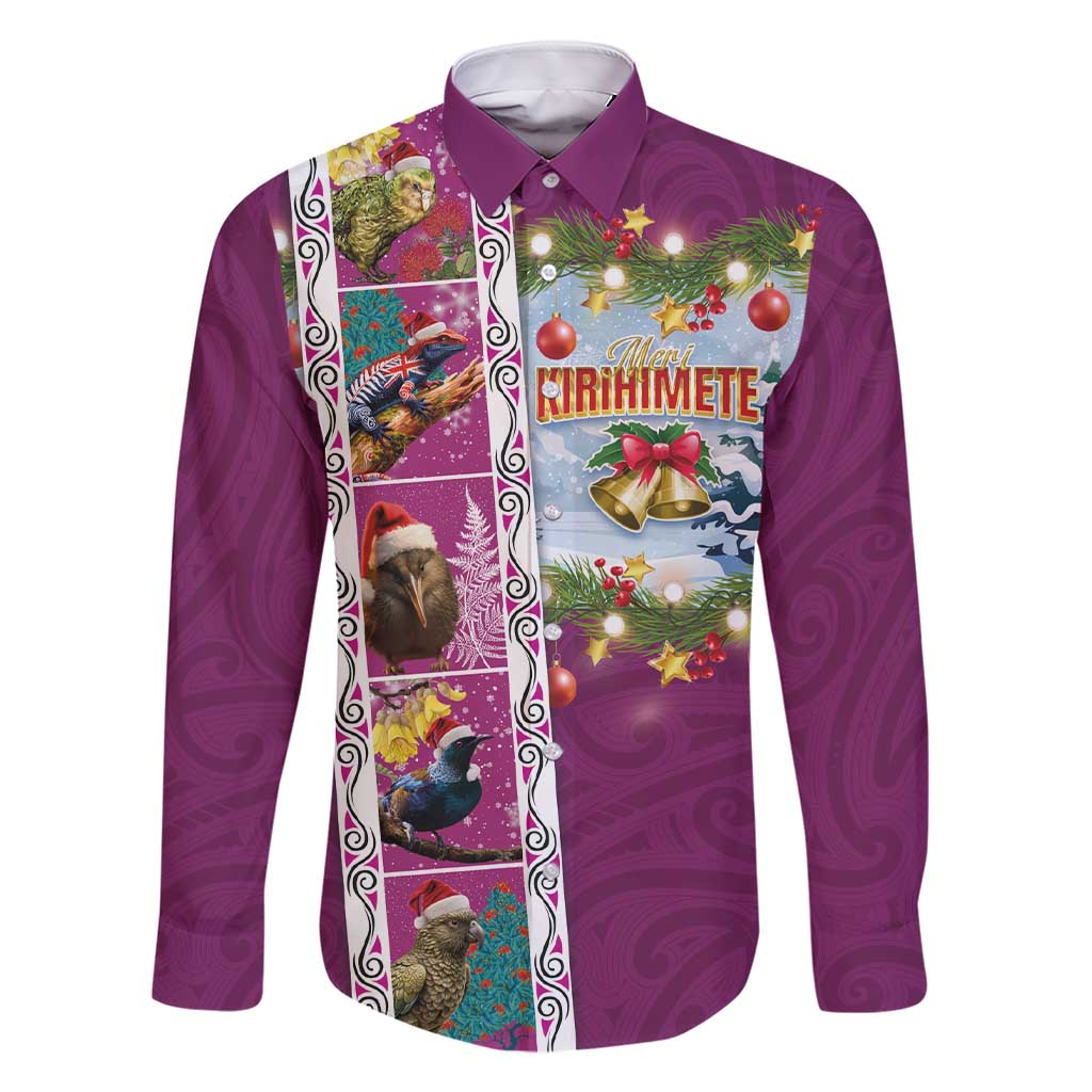 New Zealand Merry Christmas Family Matching Short Sleeve Bodycon Dress and Hawaiian Shirt Maori Animals, Koru Tattoo - Pink Xmas Style LT03 Dad's Shirt - Long Sleeve Pink - Polynesian Pride