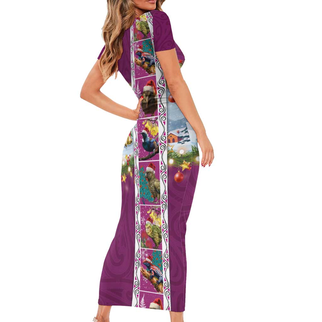 New Zealand Merry Christmas Family Matching Short Sleeve Bodycon Dress and Hawaiian Shirt Maori Animals, Koru Tattoo - Pink Xmas Style LT03 - Polynesian Pride
