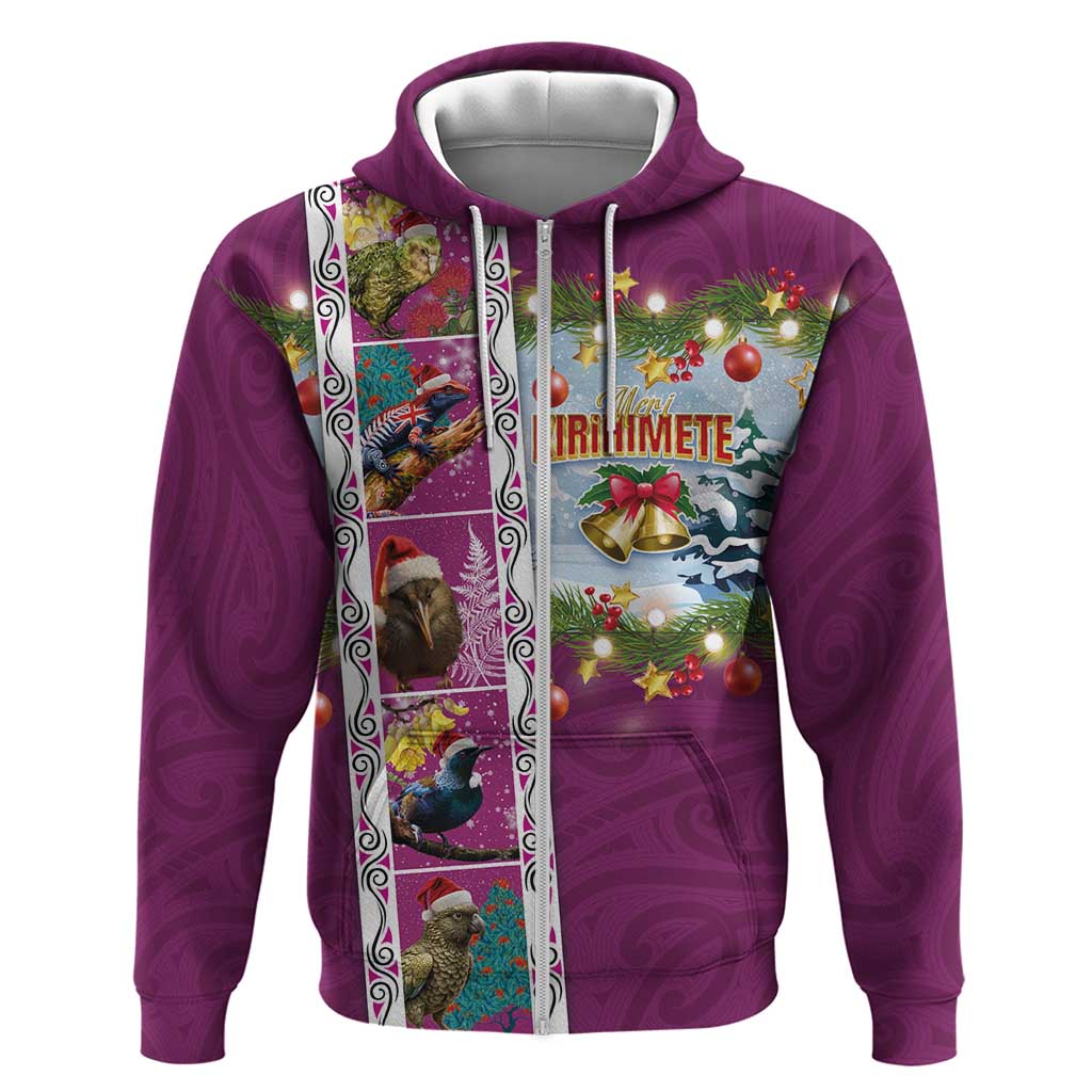 New Zealand Merry Christmas Hoodie Maori Animals, Koru Tattoo - Pink Xmas Style LT03 Zip Hoodie Pink - Polynesian Pride