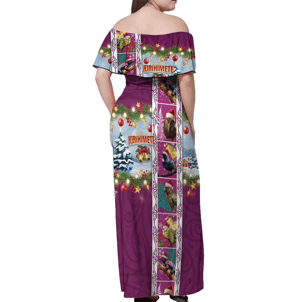 New Zealand Merry Christmas Off Shoulder Maxi Dress Maori Animals, Koru Tattoo - Pink Xmas Style LT03 - Polynesian Pride