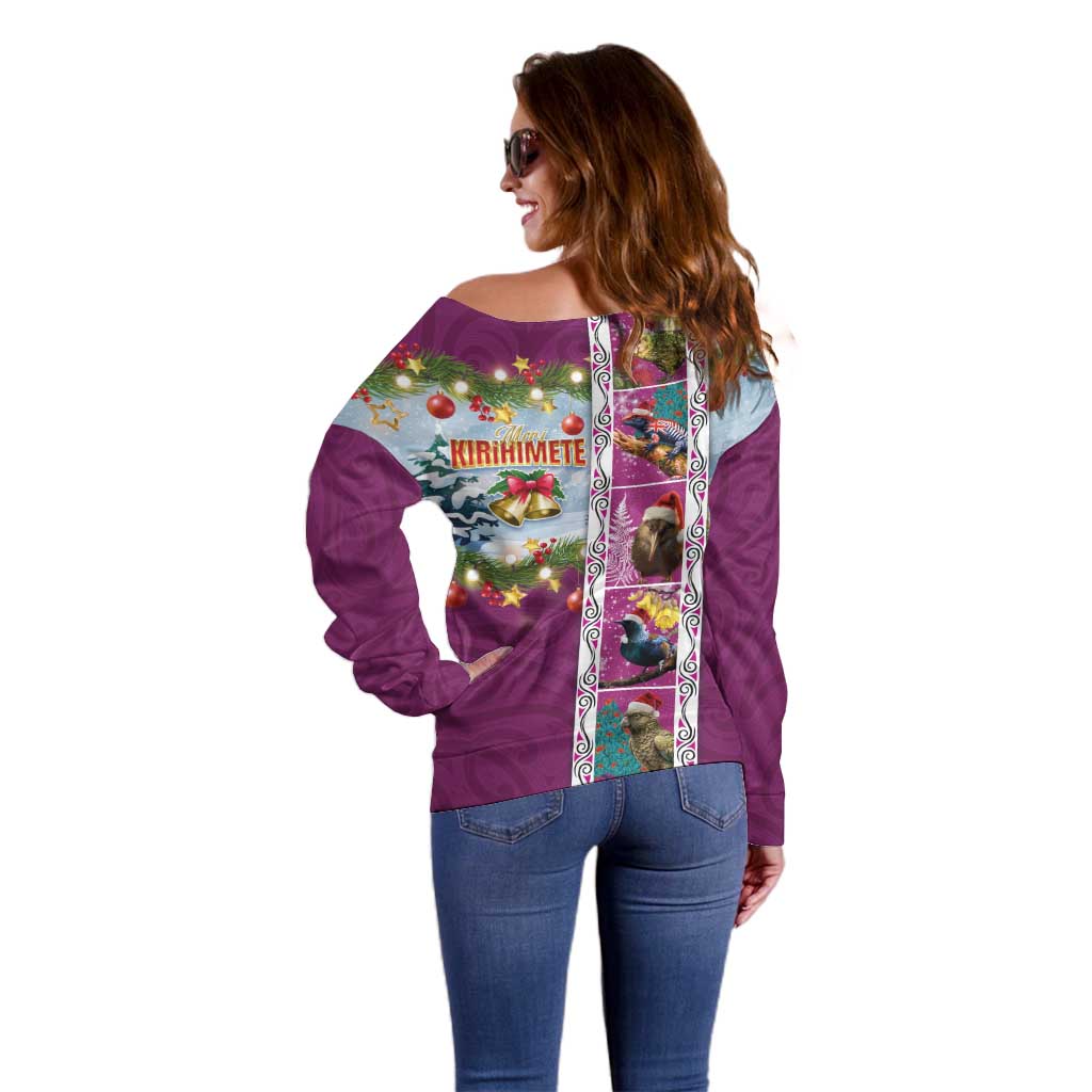 New Zealand Merry Christmas Off Shoulder Sweater Maori Animals, Koru Tattoo - Pink Xmas Style