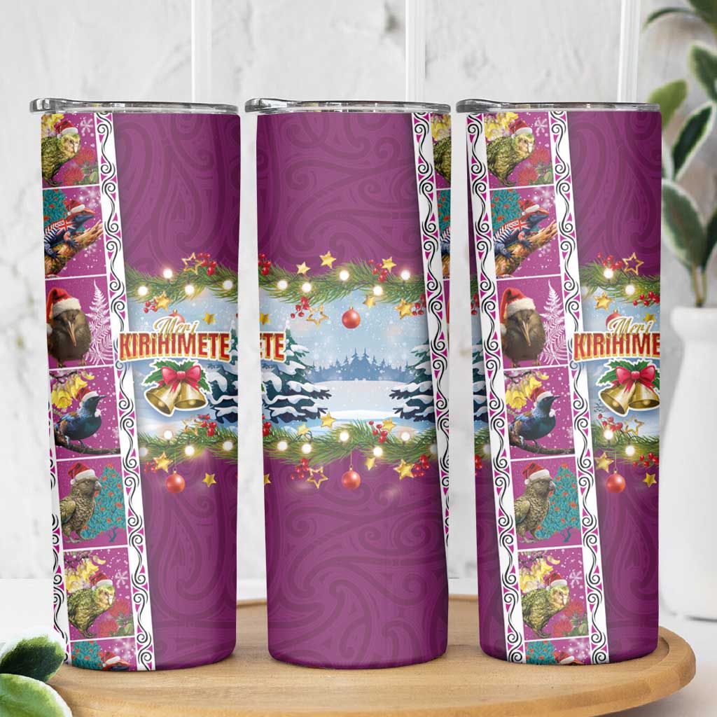 New Zealand Merry Christmas Skinny Tumbler Maori Animals Xmas Style and Koru Tattoo Pink Color LT03 - Polynesian Pride