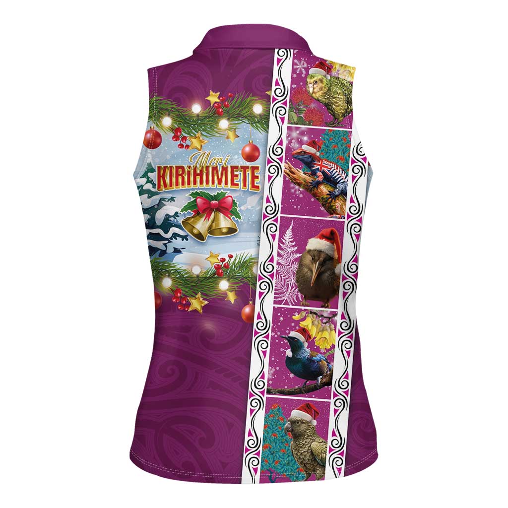 New Zealand Merry Christmas Women Sleeveless Polo Shirt Maori Animals, Koru Tattoo - Pink Xmas Style