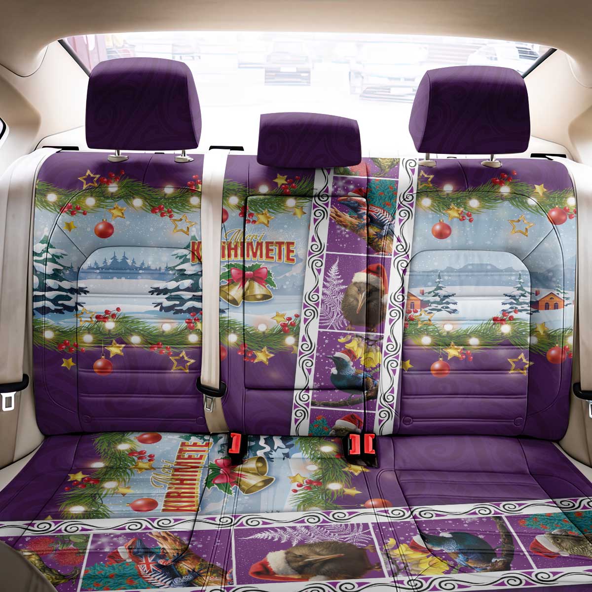 New Zealand Merry Christmas Back Car Seat Cover Maori Animals, Koru Tattoo - Purple Xmas Style LT03 - Polynesian Pride
