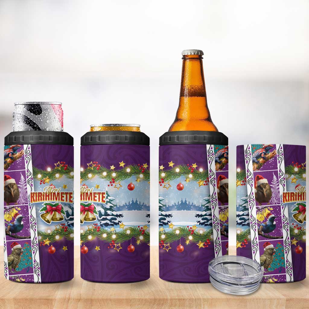 New Zealand Merry Christmas 4 in 1 Can Cooler Tumbler Maori Animals Xmas Style and Koru Tattoo Purple Color LT03 - Polynesian Pride