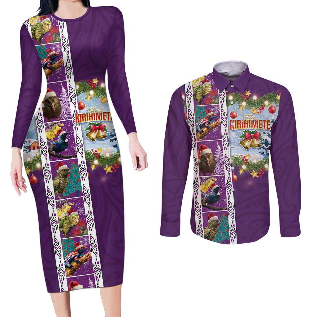 New Zealand Merry Christmas Couples Matching Long Sleeve Bodycon Dress and Long Sleeve Button Shirt Maori Animals, Koru Tattoo - Purple Xmas Style LT03 Purple - Polynesian Pride
