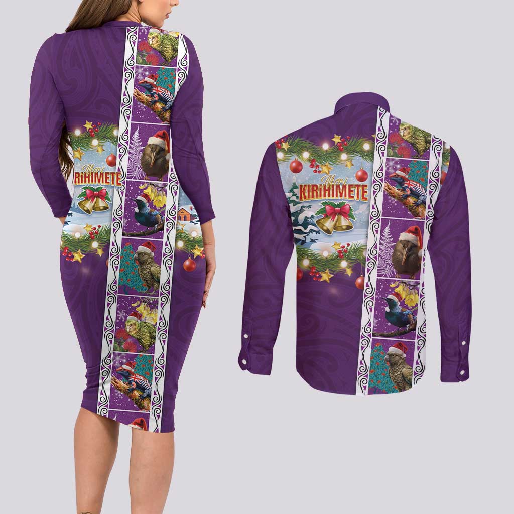 New Zealand Merry Christmas Couples Matching Long Sleeve Bodycon Dress and Long Sleeve Button Shirt Maori Animals, Koru Tattoo - Purple Xmas Style LT03 - Polynesian Pride