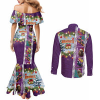 New Zealand Merry Christmas Couples Matching Mermaid Dress and Long Sleeve Button Shirt Maori Animals, Koru Tattoo - Purple Xmas Style LT03 - Polynesian Pride