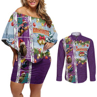 New Zealand Merry Christmas Couples Matching Off Shoulder Short Dress and Long Sleeve Button Shirt Maori Animals, Koru Tattoo - Purple Xmas Style LT03 Purple - Polynesian Pride