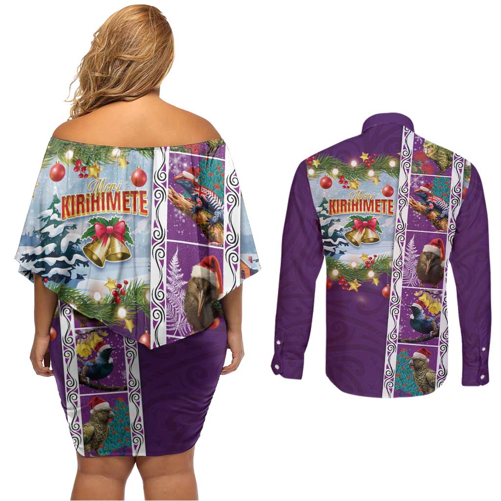 New Zealand Merry Christmas Couples Matching Off Shoulder Short Dress and Long Sleeve Button Shirt Maori Animals, Koru Tattoo - Purple Xmas Style LT03 - Polynesian Pride