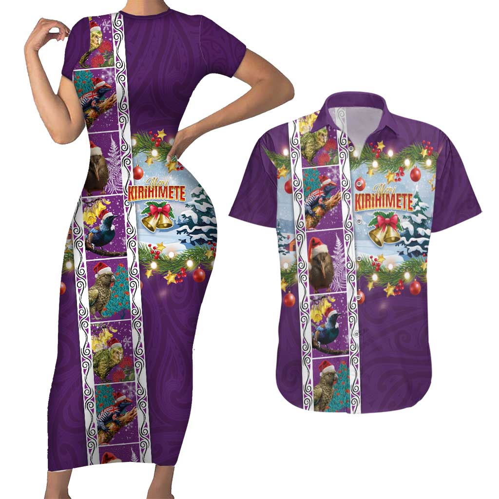 New Zealand Merry Christmas Couples Matching Short Sleeve Bodycon Dress and Hawaiian Shirt Maori Animals, Koru Tattoo - Purple Xmas Style LT03 Purple - Polynesian Pride