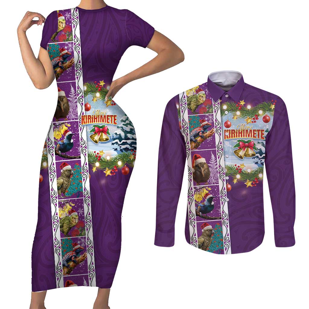 New Zealand Merry Christmas Couples Matching Short Sleeve Bodycon Dress and Long Sleeve Button Shirt Maori Animals, Koru Tattoo - Purple Xmas Style LT03 Purple - Polynesian Pride