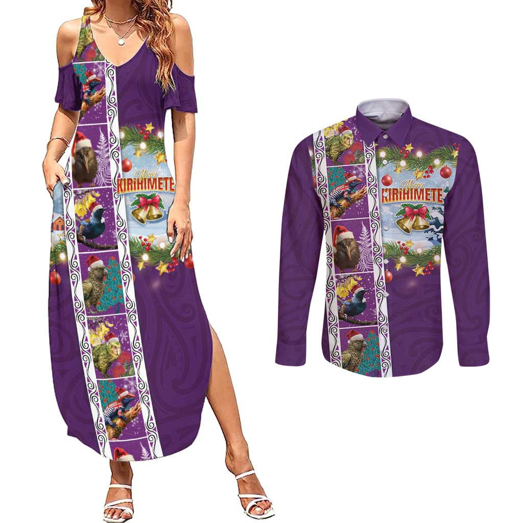 New Zealand Merry Christmas Couples Matching Summer Maxi Dress and Long Sleeve Button Shirt Maori Animals, Koru Tattoo - Purple Xmas Style LT03 Purple - Polynesian Pride