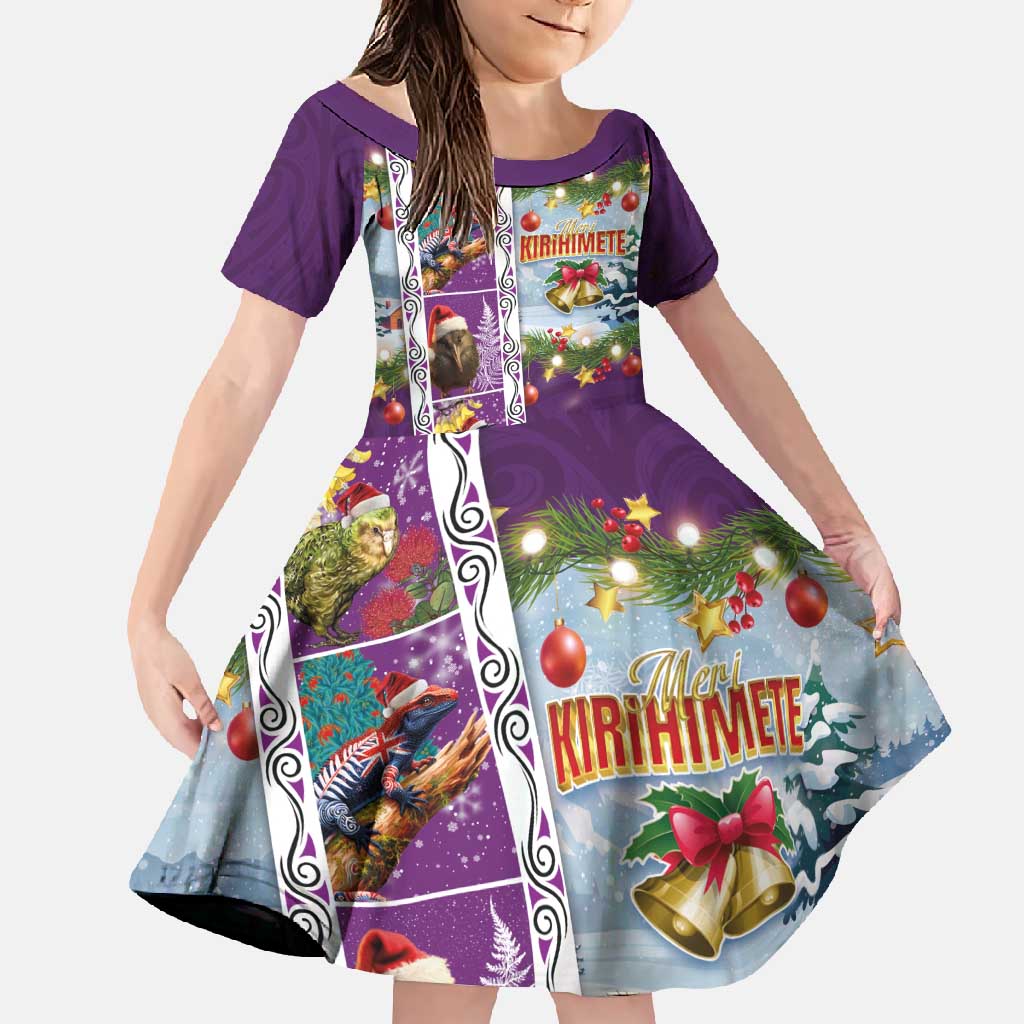 New Zealand Merry Christmas Family Matching Long Sleeve Bodycon Dress and Hawaiian Shirt Maori Animals, Koru Tattoo - Purple Xmas Style LT03 Daughter's Dress Purple - Polynesian Pride