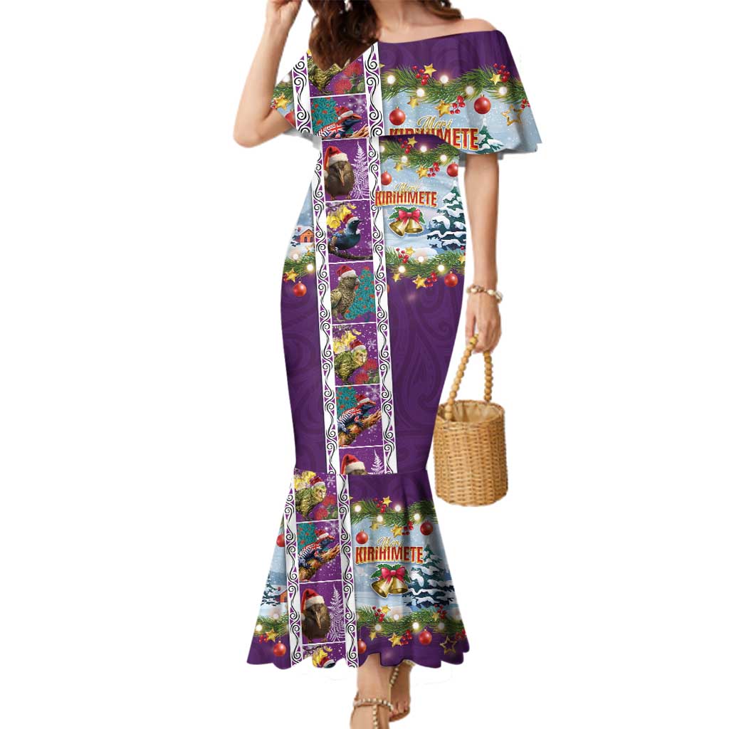 New Zealand Merry Christmas Family Matching Mermaid Dress and Hawaiian Shirt Maori Animals, Koru Tattoo - Purple Xmas Style LT03 Mom's Dress Purple - Polynesian Pride