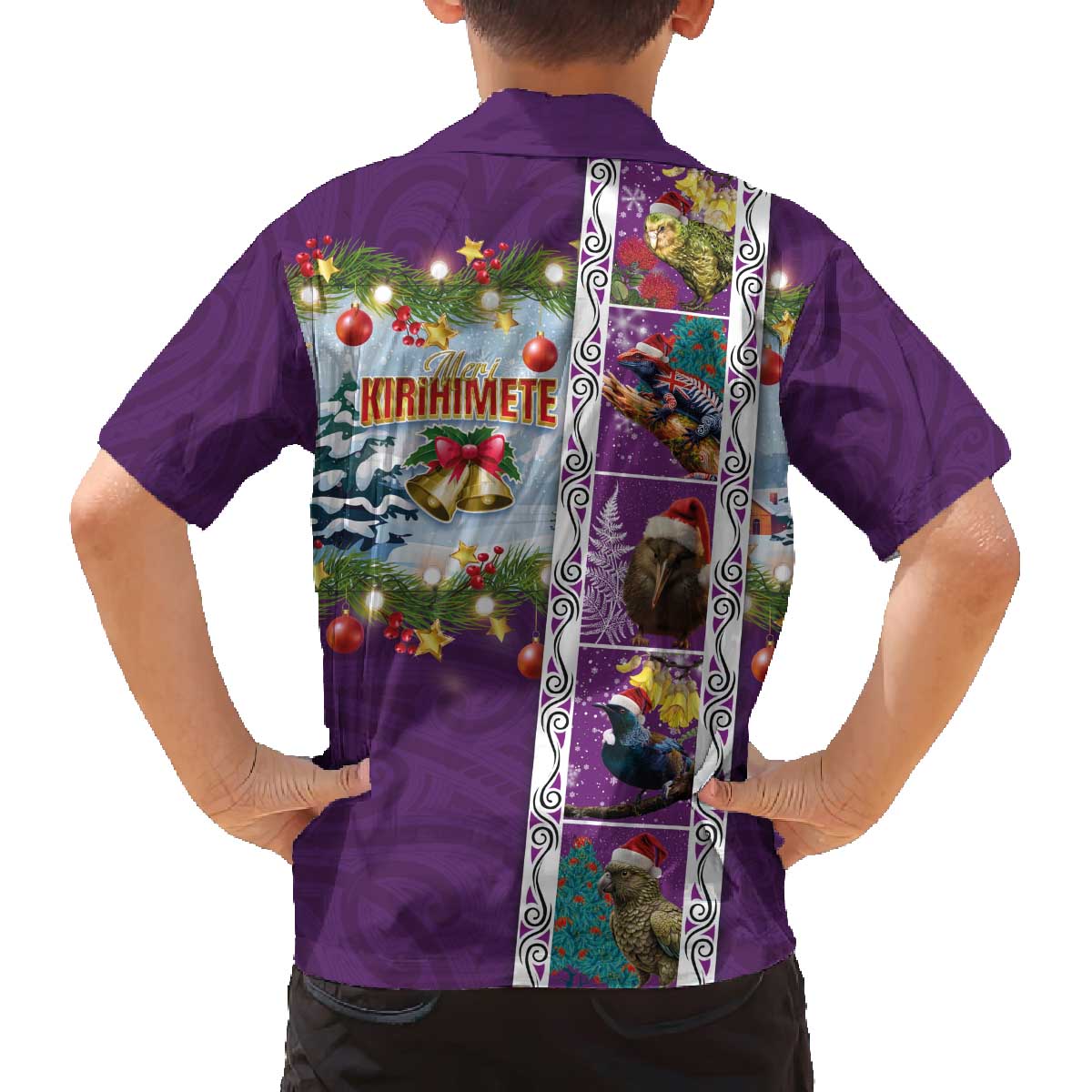 New Zealand Merry Christmas Family Matching Off The Shoulder Long Sleeve Dress and Hawaiian Shirt Maori Animals, Koru Tattoo - Purple Xmas Style LT03 - Polynesian Pride