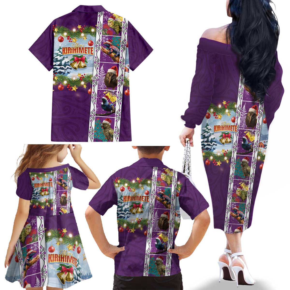 New Zealand Merry Christmas Family Matching Off The Shoulder Long Sleeve Dress and Hawaiian Shirt Maori Animals, Koru Tattoo - Purple Xmas Style LT03 - Polynesian Pride