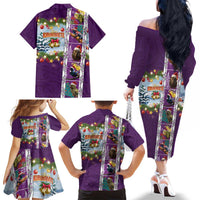 New Zealand Merry Christmas Family Matching Off The Shoulder Long Sleeve Dress and Hawaiian Shirt Maori Animals, Koru Tattoo - Purple Xmas Style LT03 - Polynesian Pride