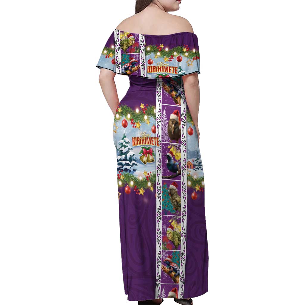 New Zealand Merry Christmas Family Matching Off Shoulder Maxi Dress and Hawaiian Shirt Maori Animals, Koru Tattoo - Purple Xmas Style LT03 - Polynesian Pride