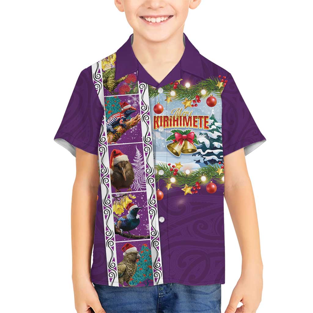 New Zealand Merry Christmas Family Matching Off Shoulder Maxi Dress and Hawaiian Shirt Maori Animals, Koru Tattoo - Purple Xmas Style LT03 Son's Shirt Purple - Polynesian Pride