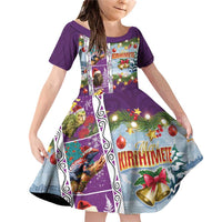 New Zealand Merry Christmas Family Matching Off Shoulder Short Dress and Hawaiian Shirt Maori Animals, Koru Tattoo - Purple Xmas Style LT03 Daughter's Dress Purple - Polynesian Pride