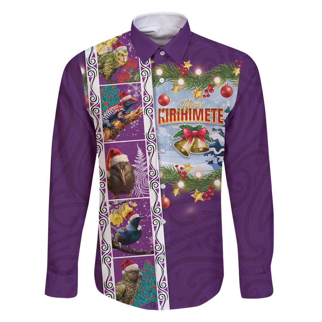 New Zealand Merry Christmas Family Matching Off Shoulder Short Dress and Hawaiian Shirt Maori Animals, Koru Tattoo - Purple Xmas Style LT03 Dad's Shirt - Long Sleeve Purple - Polynesian Pride