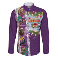 New Zealand Merry Christmas Family Matching Off Shoulder Short Dress and Hawaiian Shirt Maori Animals, Koru Tattoo - Purple Xmas Style LT03 Dad's Shirt - Long Sleeve Purple - Polynesian Pride