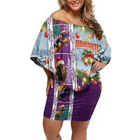 New Zealand Merry Christmas Family Matching Off Shoulder Short Dress and Hawaiian Shirt Maori Animals, Koru Tattoo - Purple Xmas Style LT03 Mom's Dress Purple - Polynesian Pride