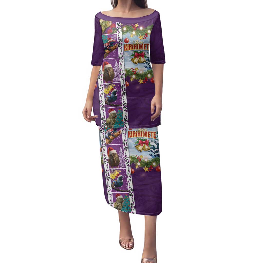 New Zealand Merry Christmas Family Matching Puletasi and Hawaiian Shirt Maori Animals, Koru Tattoo - Purple Xmas Style LT03 Mom's Dress Purple - Polynesian Pride