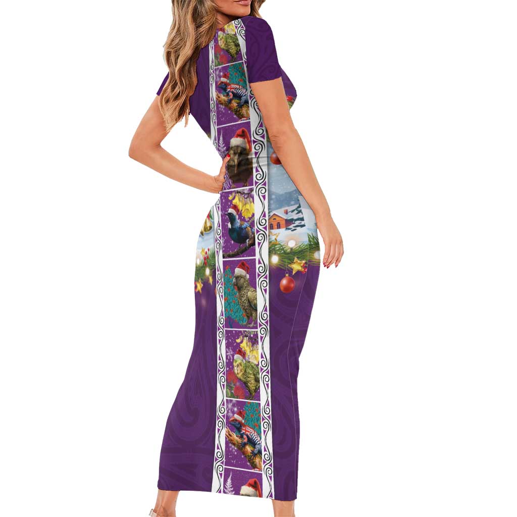 New Zealand Merry Christmas Family Matching Short Sleeve Bodycon Dress and Hawaiian Shirt Maori Animals, Koru Tattoo - Purple Xmas Style LT03 - Polynesian Pride