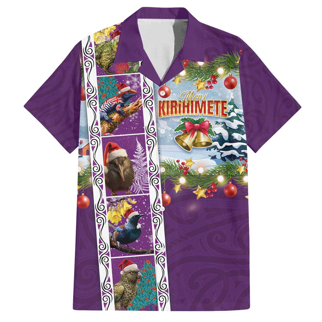 New Zealand Merry Christmas Family Matching Summer Maxi Dress and Hawaiian Shirt Maori Animals, Koru Tattoo - Purple Xmas Style LT03 Dad's Shirt - Short Sleeve Purple - Polynesian Pride