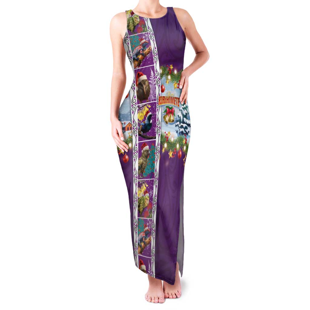 New Zealand Merry Christmas Family Matching Tank Maxi Dress and Hawaiian Shirt Maori Animals, Koru Tattoo - Purple Xmas Style LT03 Mom's Dress Purple - Polynesian Pride