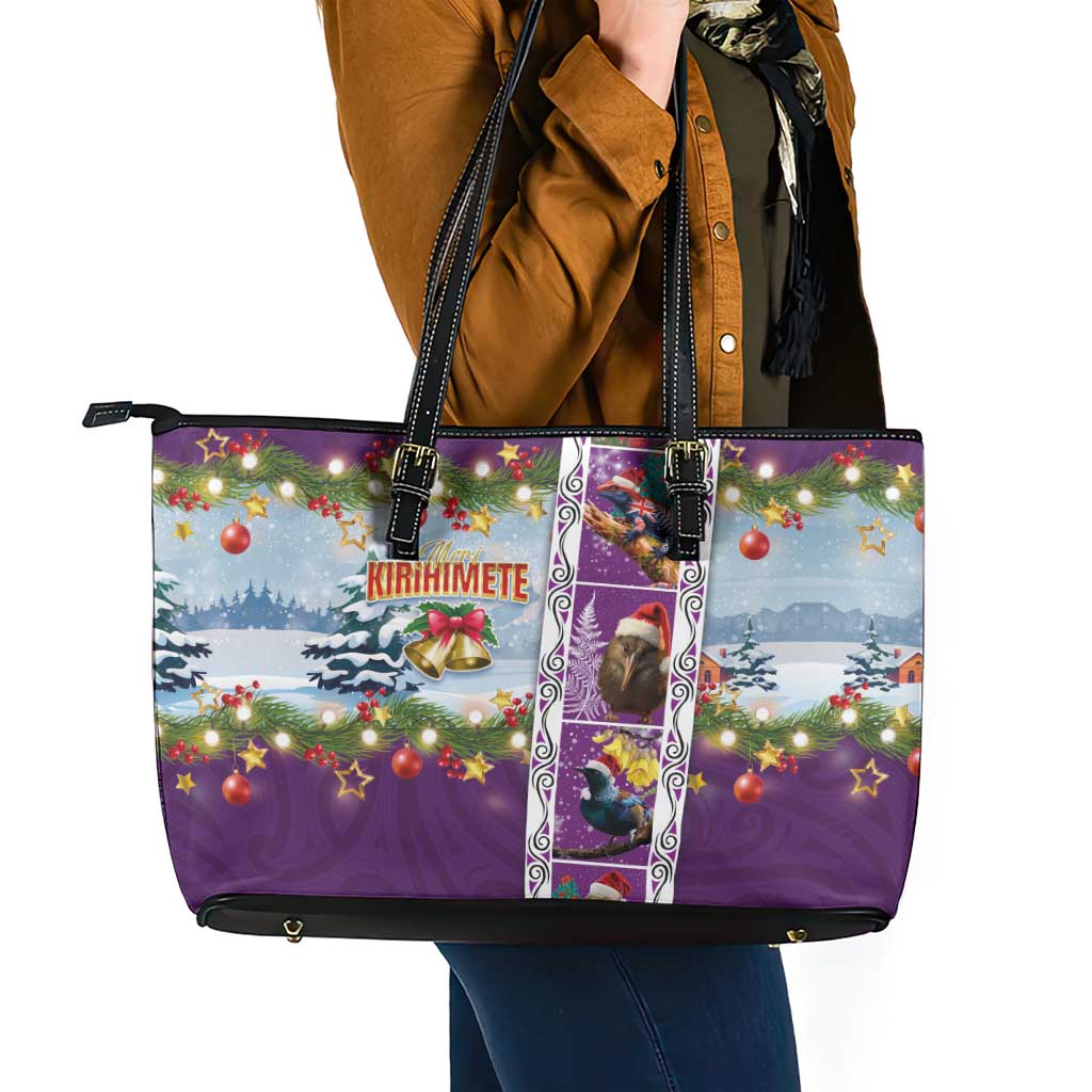 New Zealand Merry Christmas Leather Tote Bag Maori Animals, Koru Tattoo - Purple Xmas Style