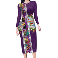New Zealand Merry Christmas Long Sleeve Bodycon Dress Maori Animals, Koru Tattoo - Purple Xmas Style LT03 Long Dress Purple - Polynesian Pride