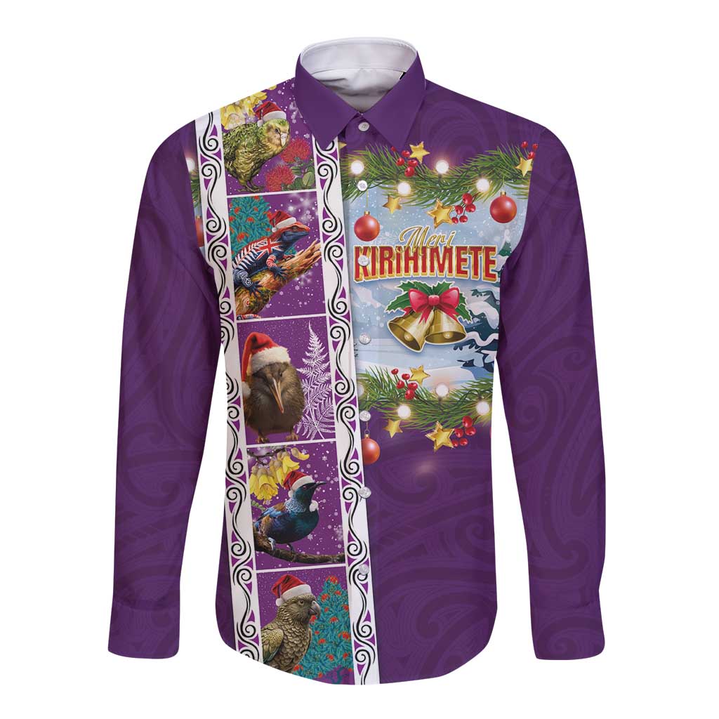 New Zealand Merry Christmas Long Sleeve Button Shirt Maori Animals, Koru Tattoo - Purple Xmas Style LT03 Unisex Purple - Polynesian Pride