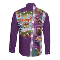 New Zealand Merry Christmas Long Sleeve Button Shirt Maori Animals, Koru Tattoo - Purple Xmas Style LT03 - Polynesian Pride