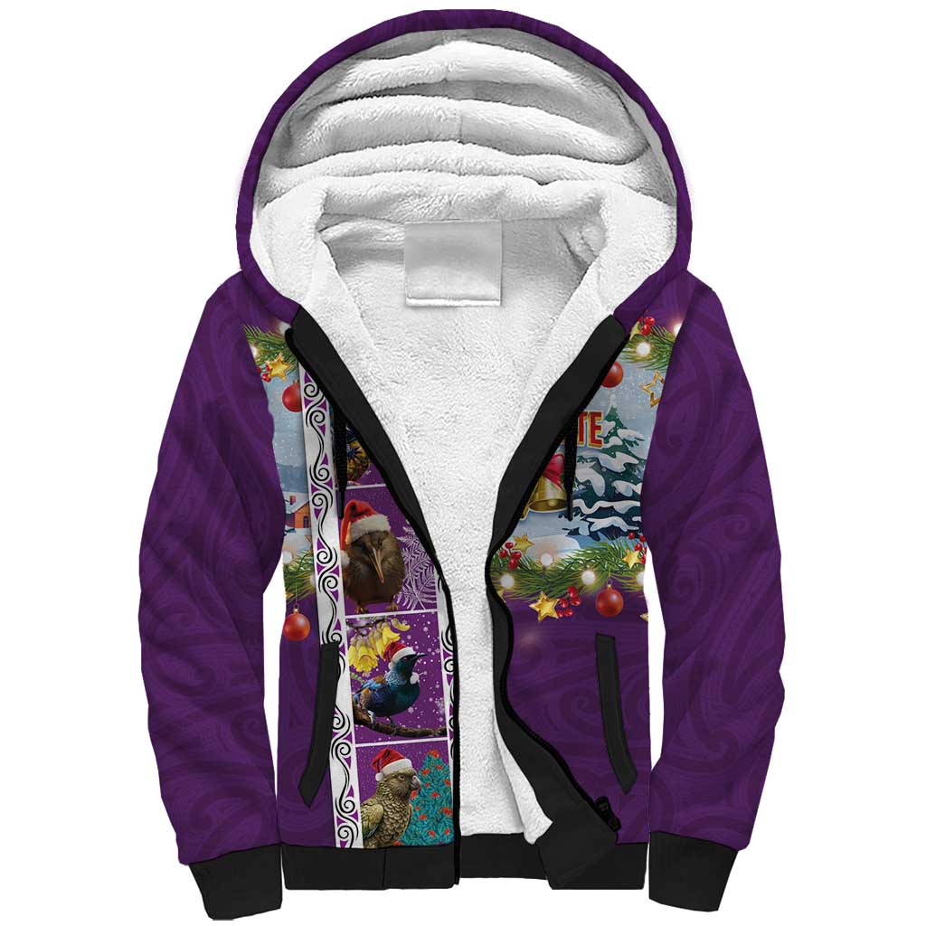 New Zealand Merry Christmas Sherpa Hoodie Maori Animals, Koru Tattoo - Purple Xmas Style LT03 Unisex Purple - Polynesian Pride