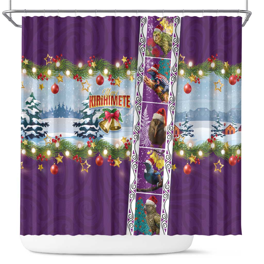New Zealand Merry Christmas Shower Curtain Maori Animals, Koru Tattoo - Purple Xmas Style LT03 Purple - Polynesian Pride