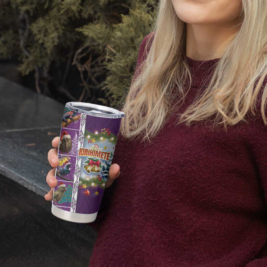 New Zealand Merry Christmas Tumbler Cup Maori Animals Xmas Style and Koru Tattoo Purple Color LT03 - Polynesian Pride